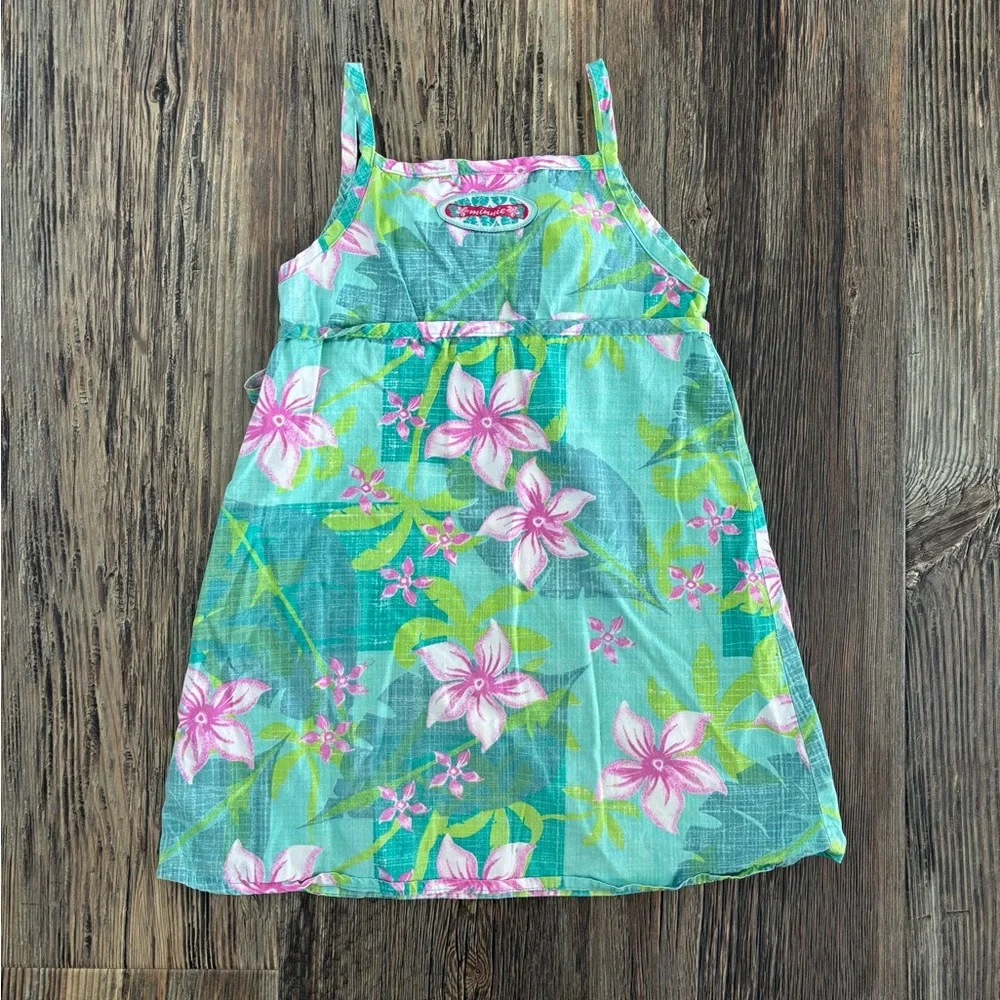 Vtg Disney Store Minnie Mouse Tropical Hawaiian Cotton Dress 4T Green Pink Y2K - Picture 2 of 11